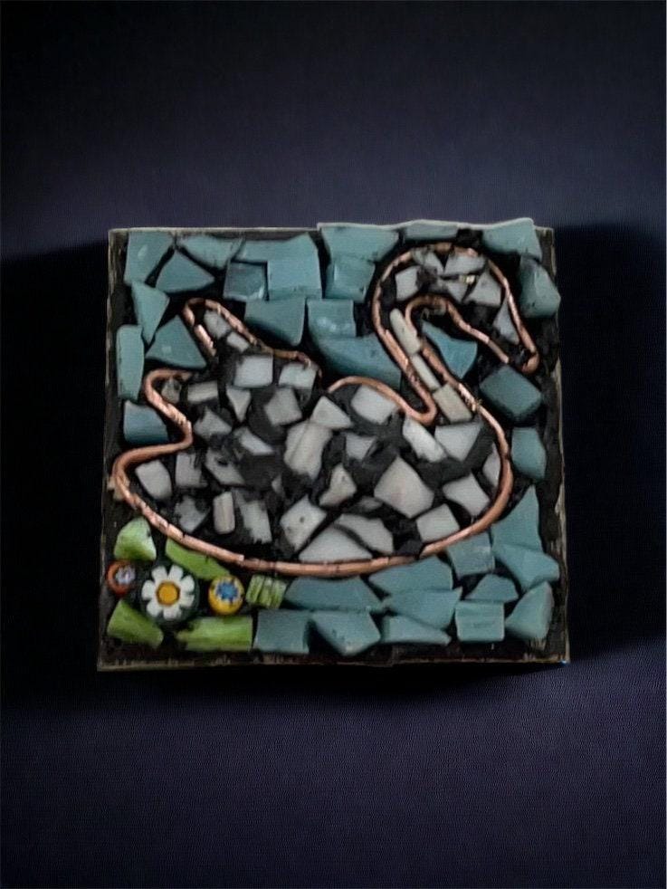 Handmade Mosaic Necklace - Swan in Water with Millefiori Glass
