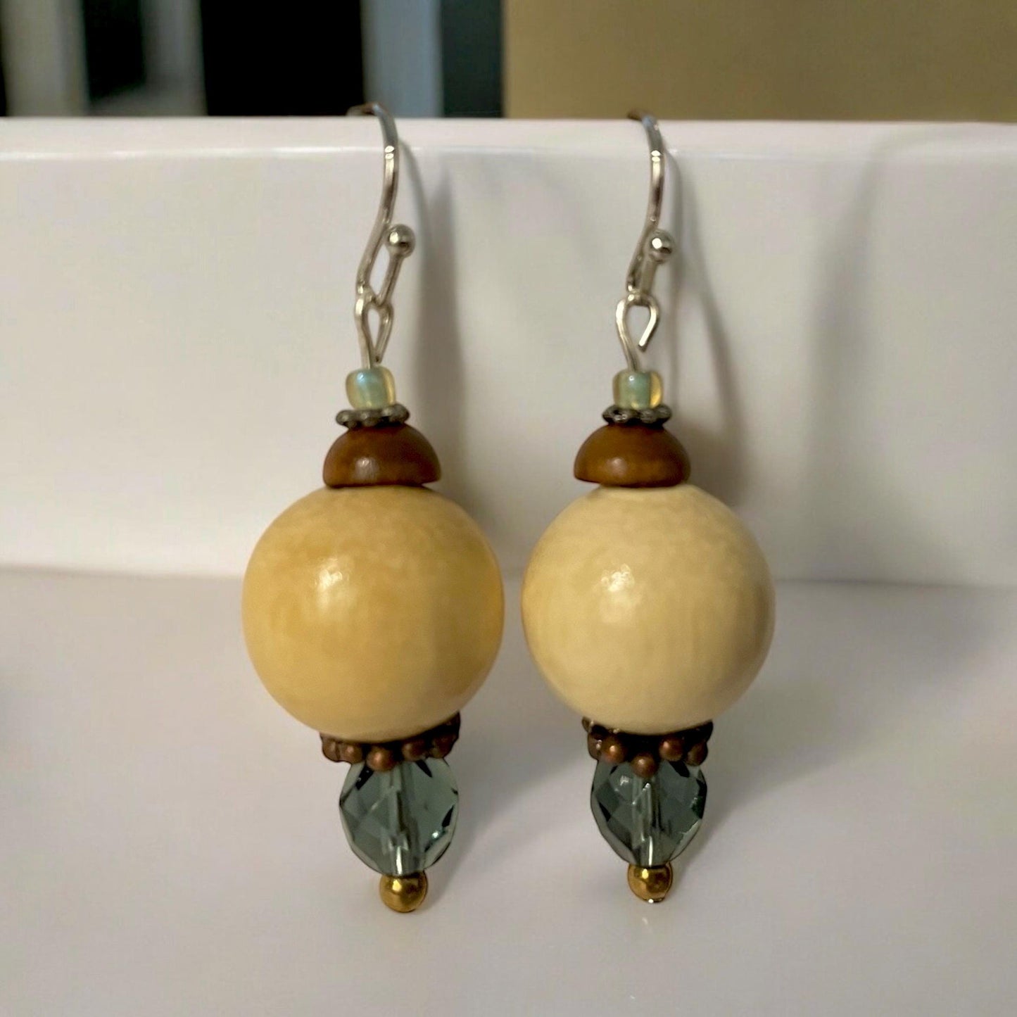 Blue glass crystal and wood beads handmade dangle earrings with vintage, upcycled and new elements