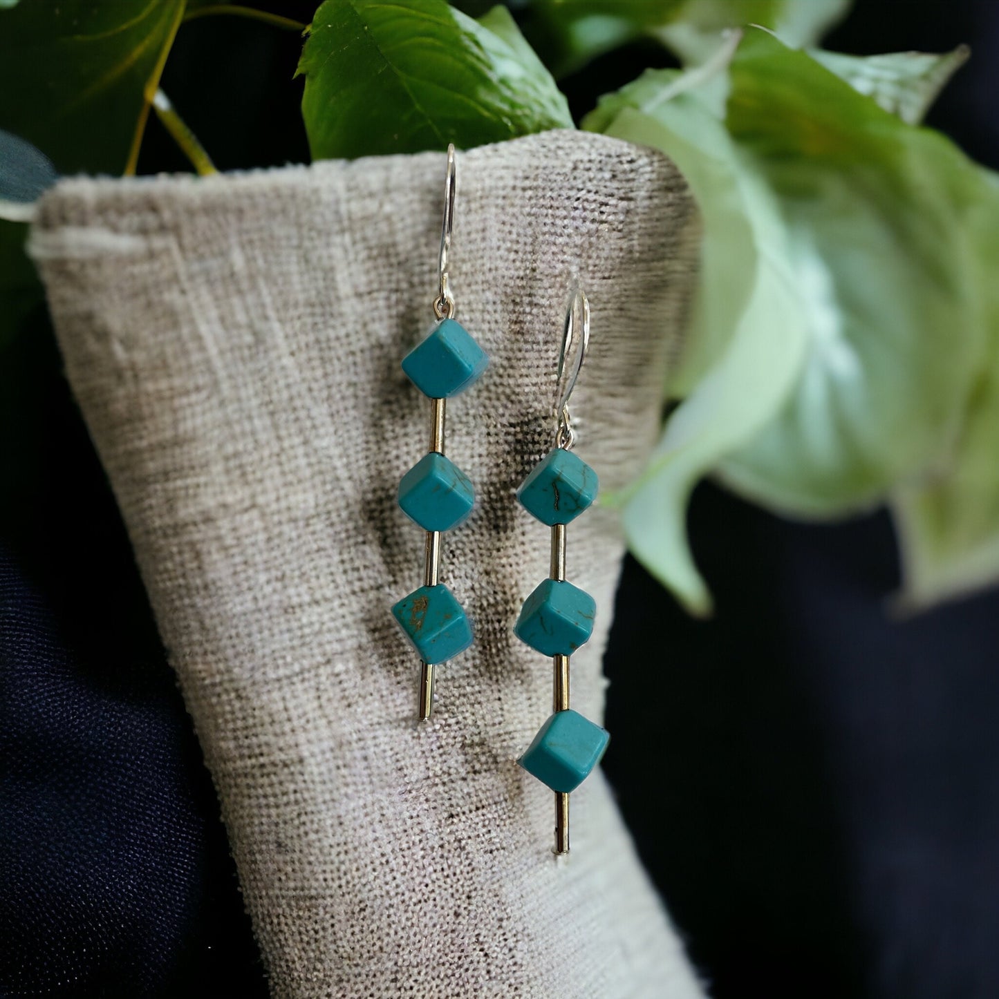 Three dimensional turquoise colored cube dangle earrings