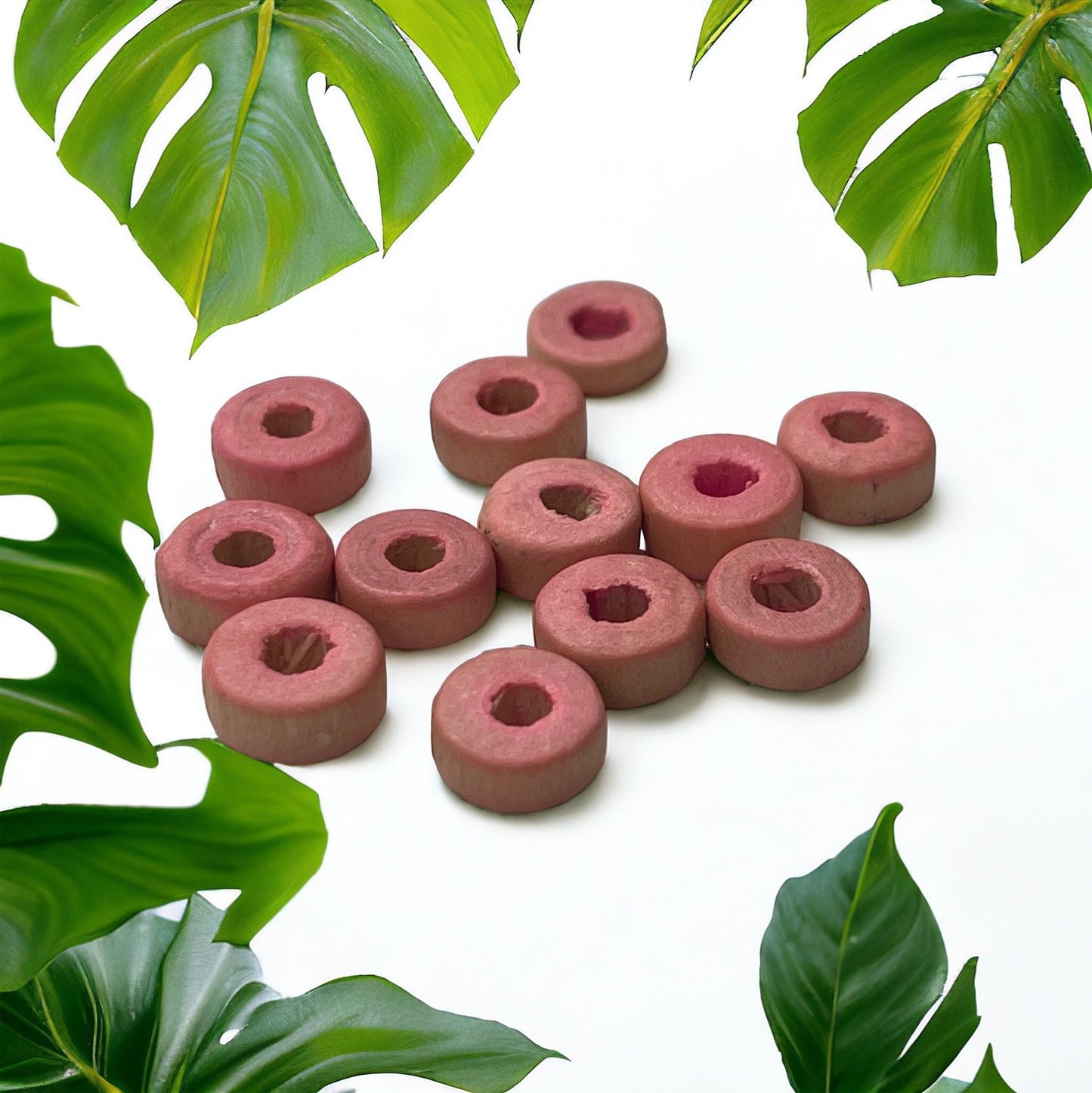 Round flat pink wood vintage beads - approx. 8 mm each