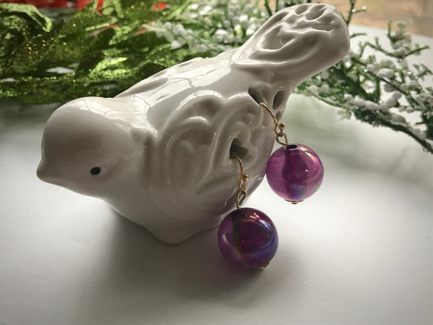Handmade earrings with upcycled vintage purple glass ball dangles
