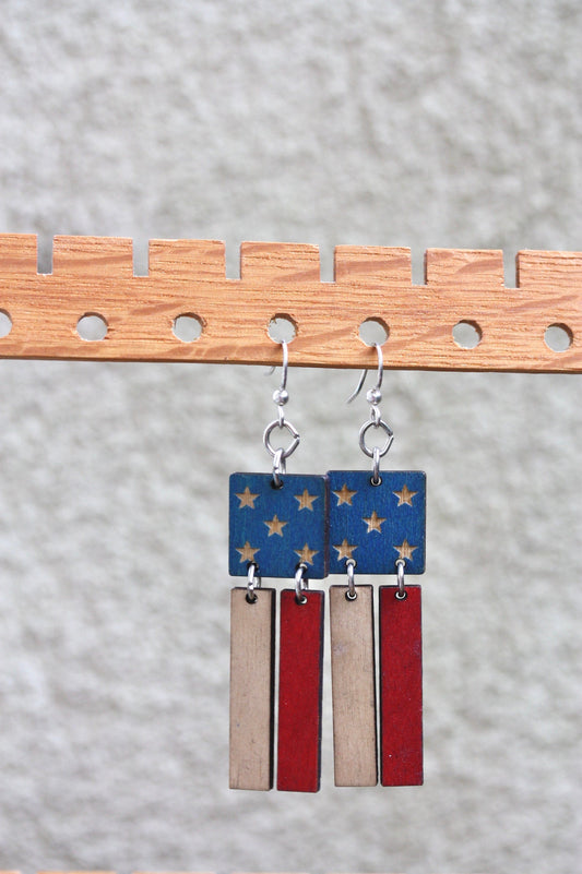 Vintage folk art style American flag all wood dangle earrings - perfect for July 4 or any day