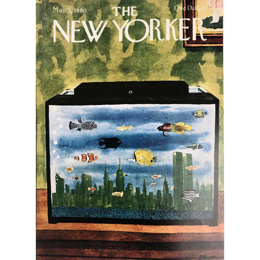 May 5, 1980 - Vintage book page print of a NEW YORKER Magazine cover - fish tank - New York City - fish