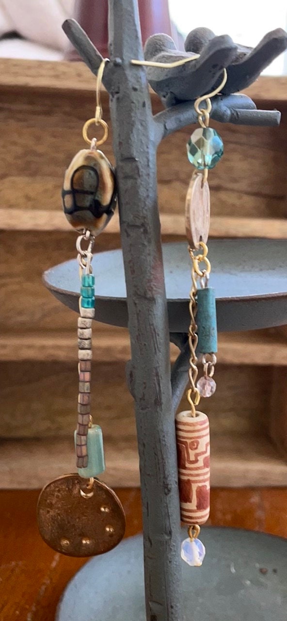 One-of-a-kind handmade mismatched mixed material long dangle earrings - vintage and new material - metal, shell, glass, clay