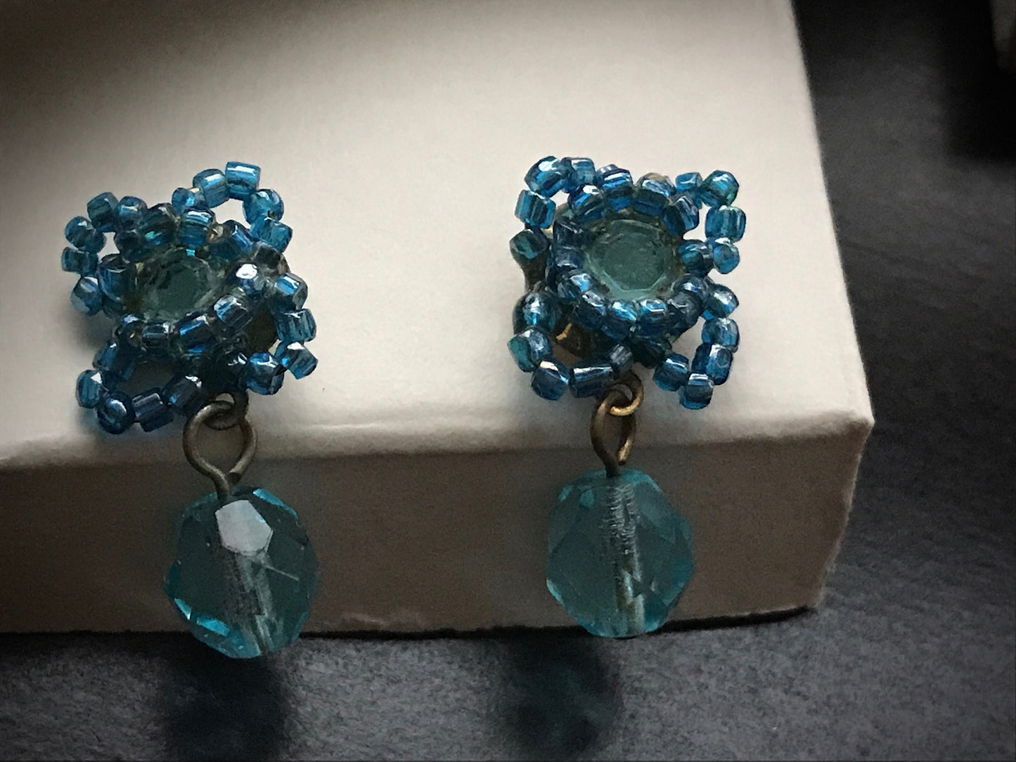 Small little blue beadwork vintage dangle earrings - for pierced ears