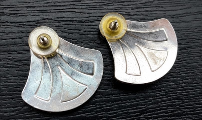 Vintage Art Deco Style Fan Earrings | Marbled Teal & Ivory Acrylic | Silver Tone Geometric Post Earrings | 1980s Statement Jewelry