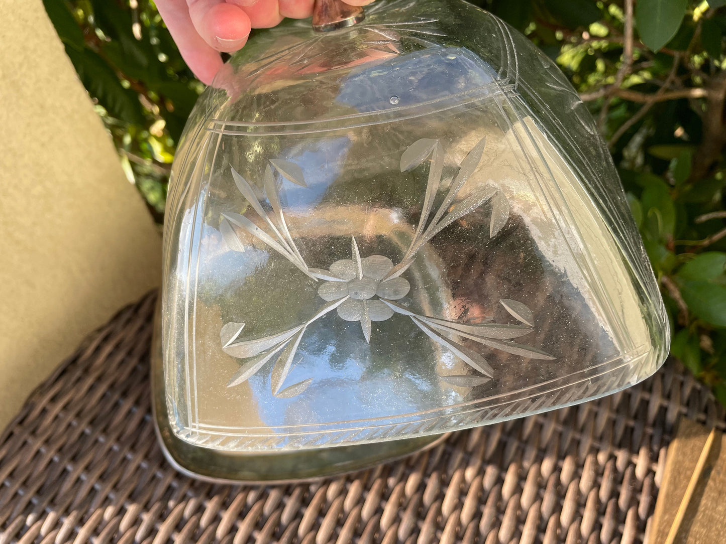 Vintage etched blown glass domed lid on silver square Cheese/Dessert dish