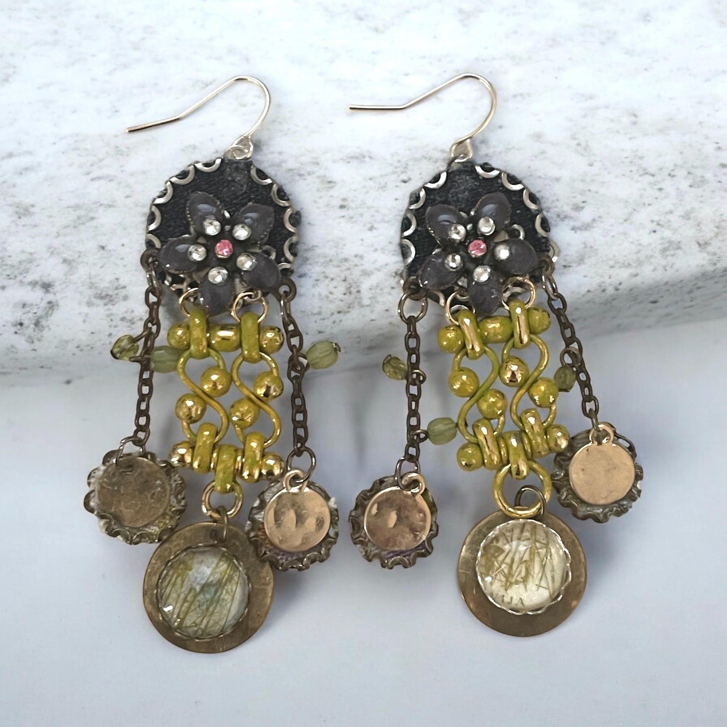 Handmade collage earrings -mixed metals with denim, rhinestones and postage stamp remnant dangles under faux glass domes- Sterling ear wires