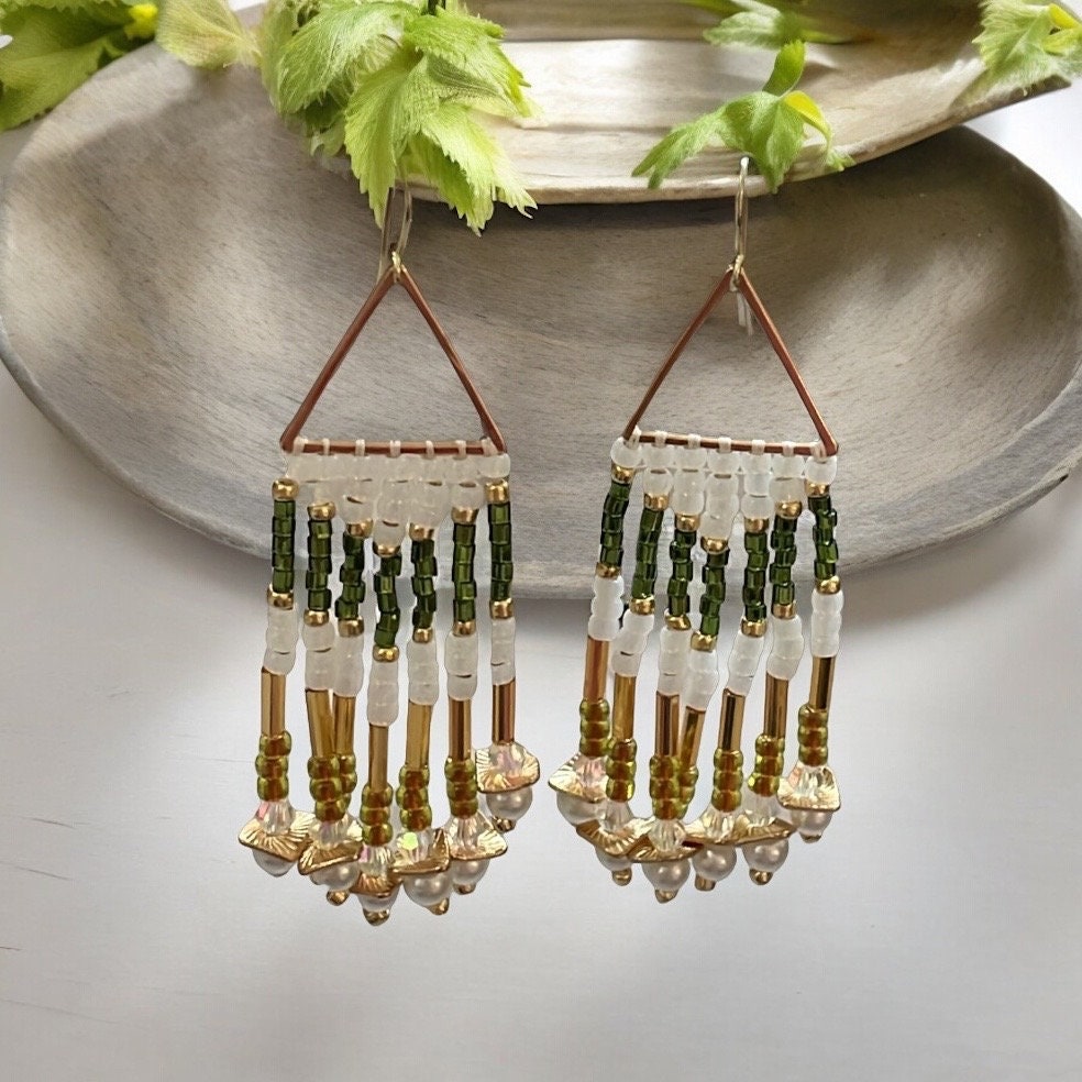 Hand beaded stunning dangle  earrings - emerald green and gold with white faux pearls