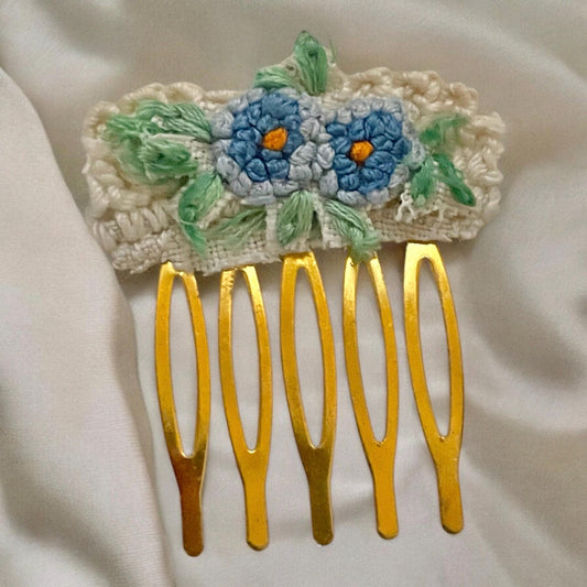 Floral hair comb handmade with embroidery and lace salvaged from vintage linens