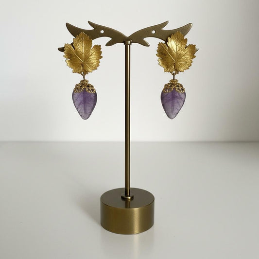 Vintage Goldtone Leaves Clip On Earrings with Carved Amethyst Drops | Retro Statement Jewelry