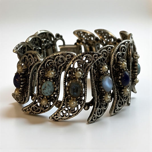 1940s Silvertone Filigree Bracelet – Vintage Blue Glass Cabochons, Art Deco Style, Retro Statement Jewelry