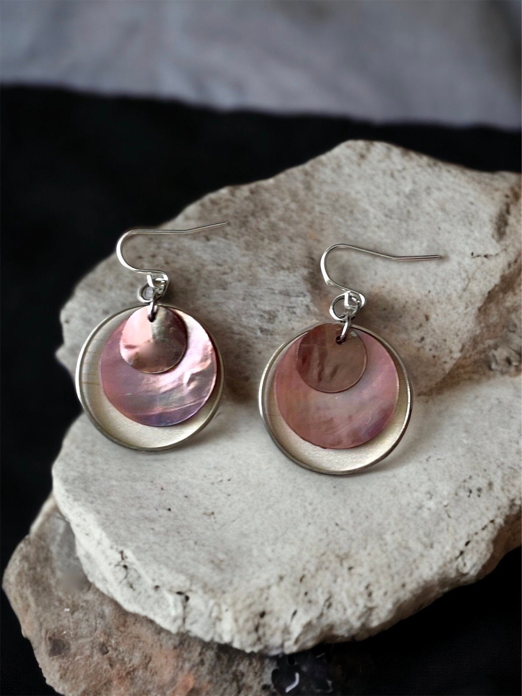 Handmade dangle earrings - color block shades of pink mother-of-pearl with silver hoops - sterling silver ear wires