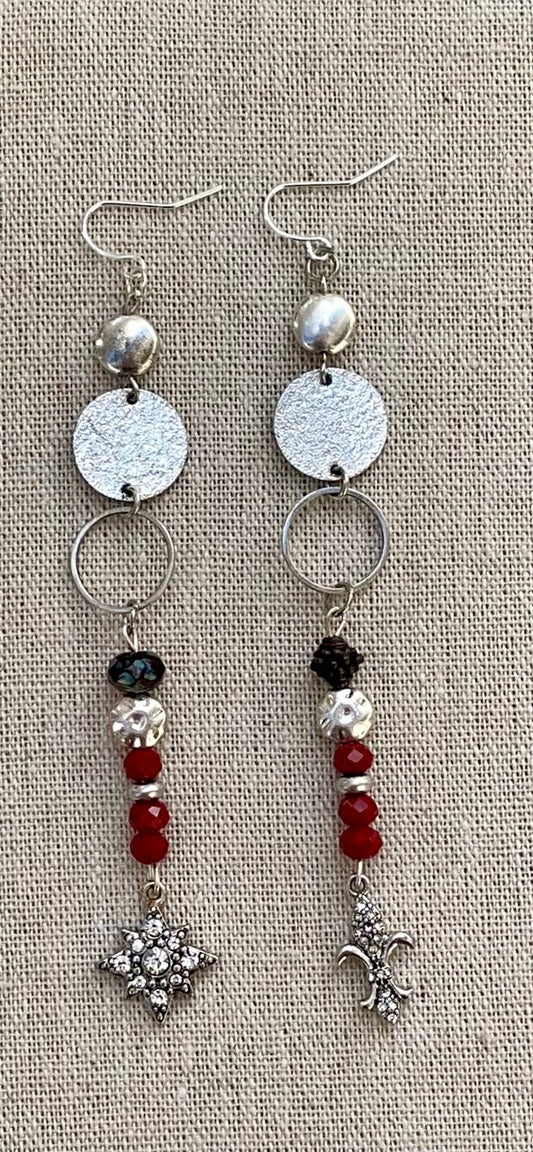 Unique long dangle earrings made with new and vintage mixed materials - hammered, smooth and textured metal, glass beads, mismatched dangles