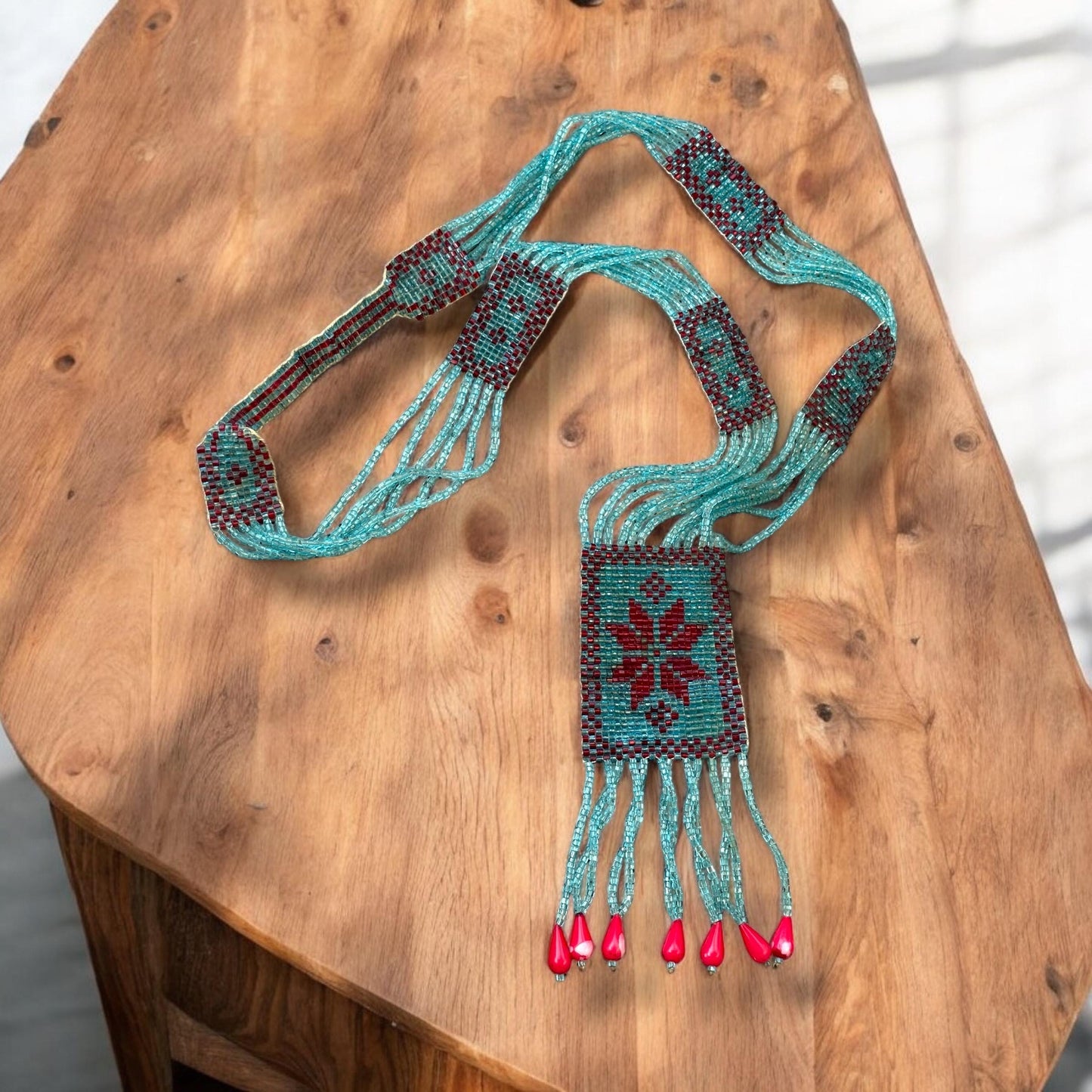 Stunning long multi-stranded vintage handmade all-beaded necklace - turquoise and red glass seed beads