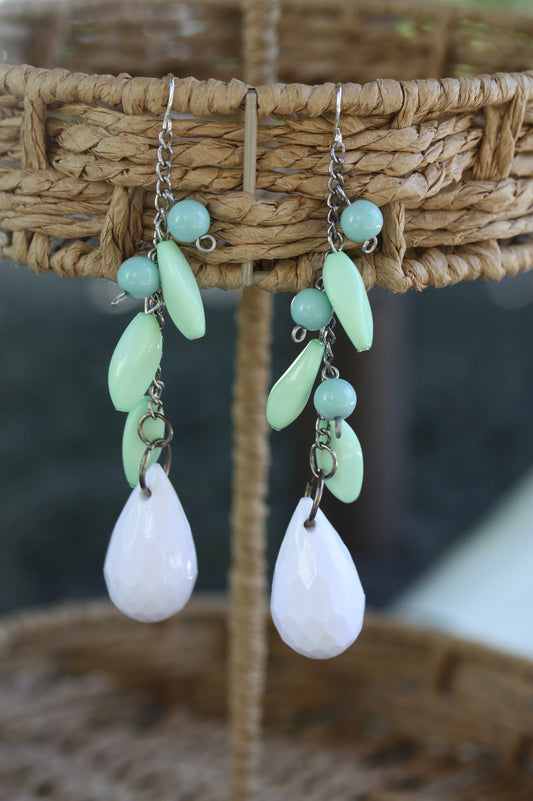 Seafoam green, blue and white fun long dangle earrings