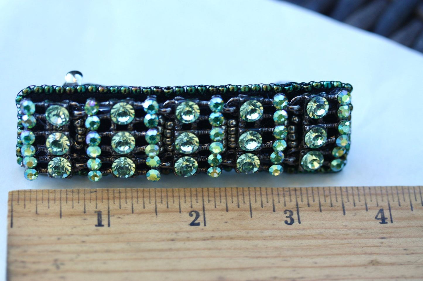 Stunning green AB crystal style rhinestone, metal and glass beadwork hair barrette - hair clip, hair accessories
