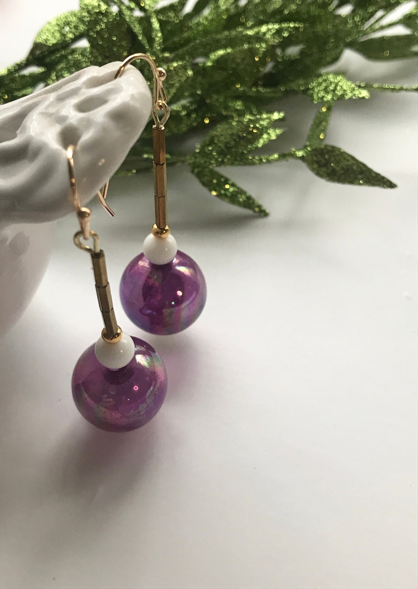 Handmade earrings with upcycled vintage purple glass ball dangles