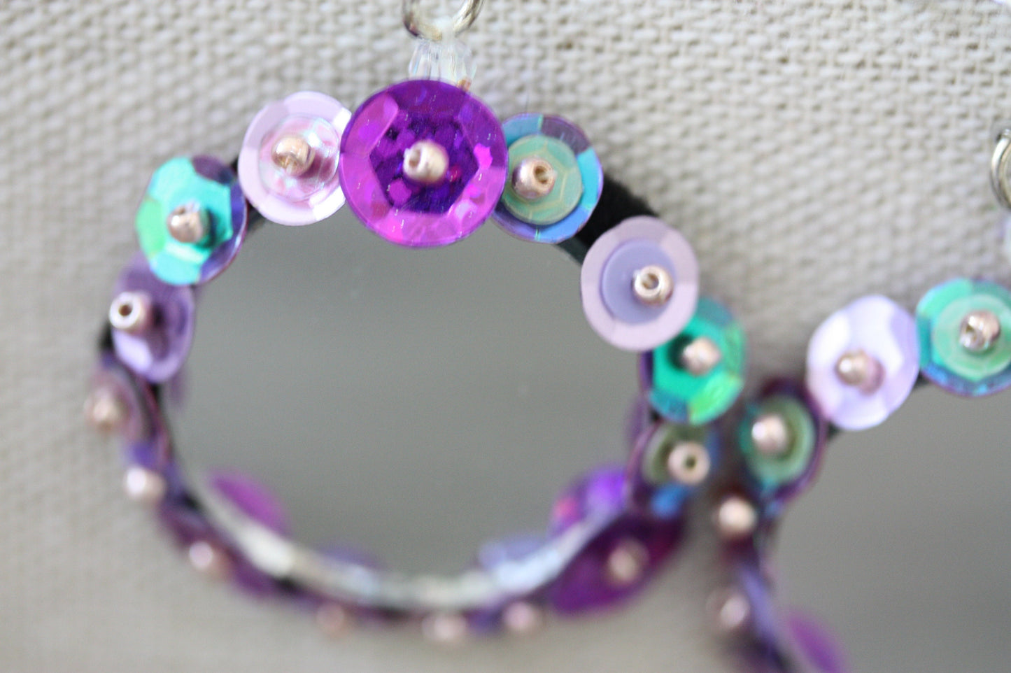Unique hand beaded and sequined dangle mirror earrings