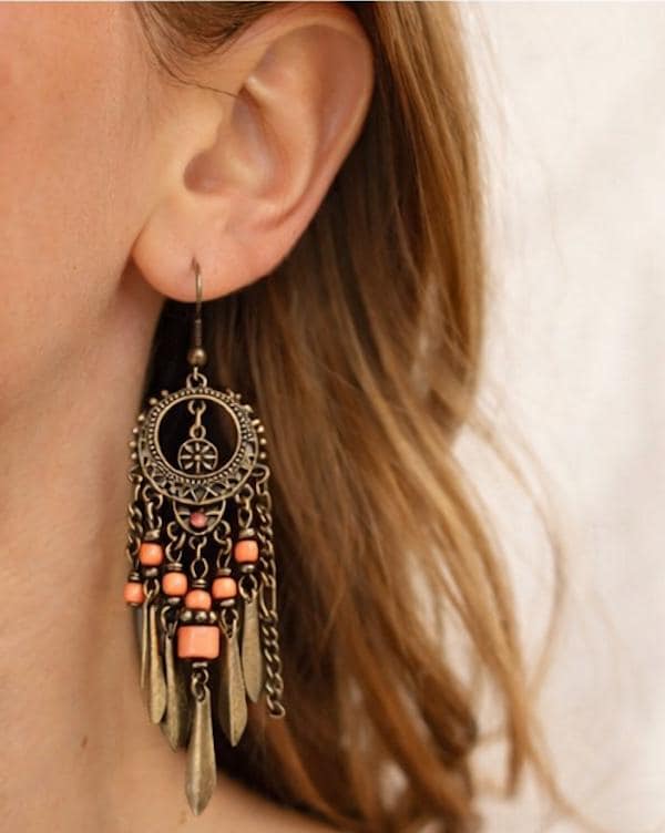 Boho Chandelier Earrings • Coral Bead Dangle Earrings • Faux Antique Brass • Bohemian Statement Earrings • Long Drop Earrings 3.25" long