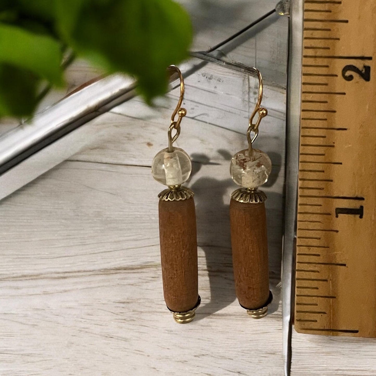 Tubular vintage wood and muted clear glass handmade dangle earrings