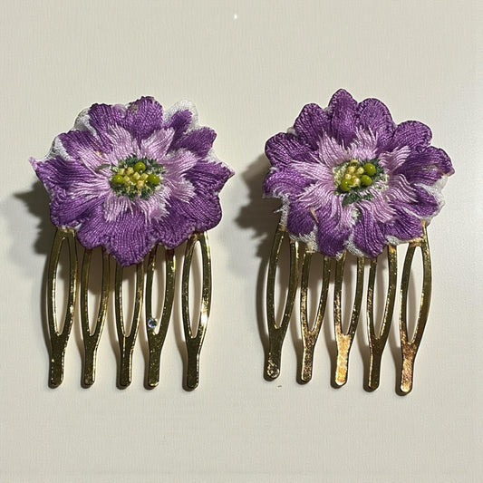 Handmade Purple Flower Hair Combs – Upcycled Vintage Linen Embroidered Blossoms with Hand Beadwork, Floral Hair Accessories