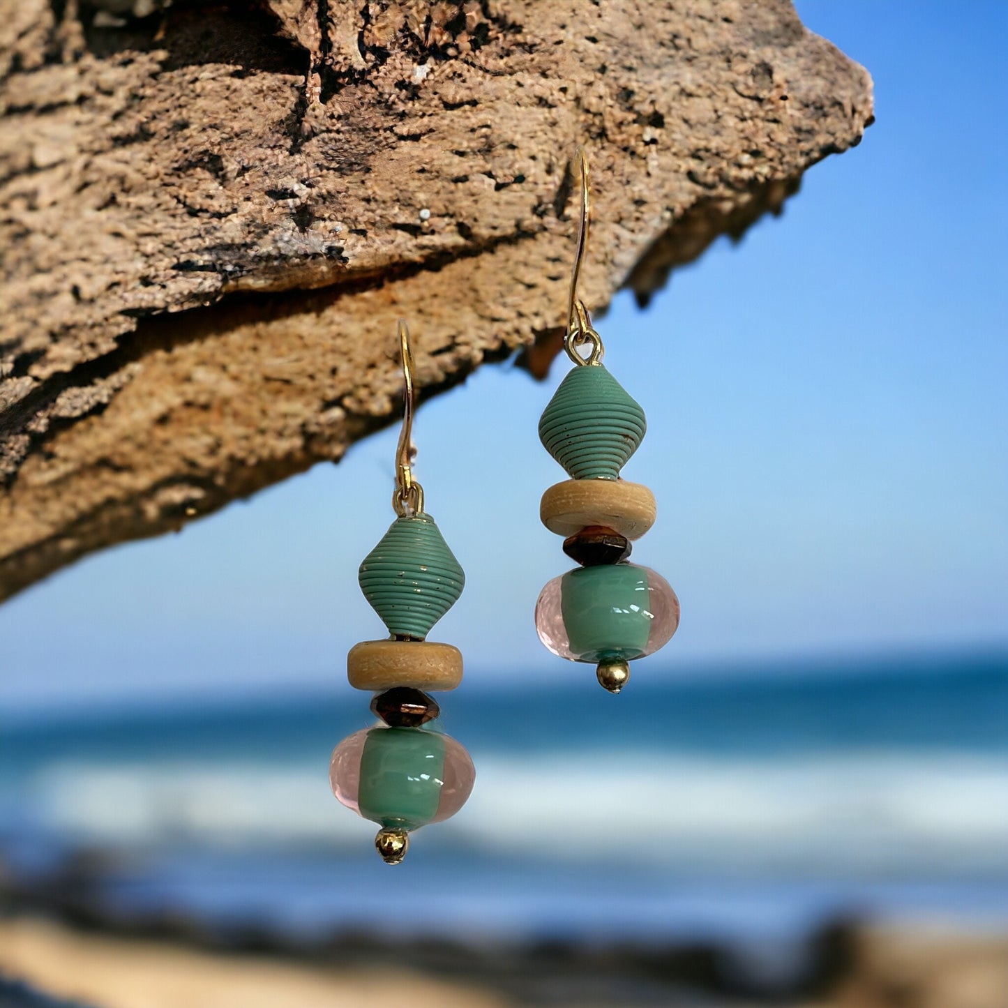 Mixed material glass, metal and wood turquoise drop earrings