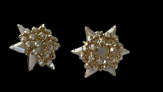 Stunning star shaped white crystal embedded vintage clip on earrings