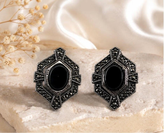 Vintage Clip-On Earrings Avon Black Onyx Silver Tone Art Deco 3/4 Inch