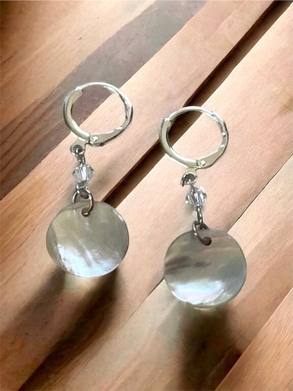 Natural mother-of-pearl shell bead dangle earrings with tiny crystals