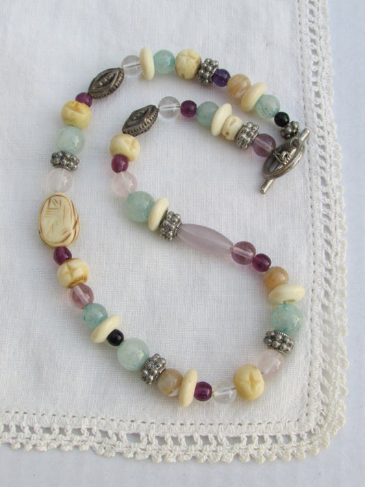 Mixed material artisan vintage necklace - glass, metal, bone, semi-precious stones - the colors are stunning