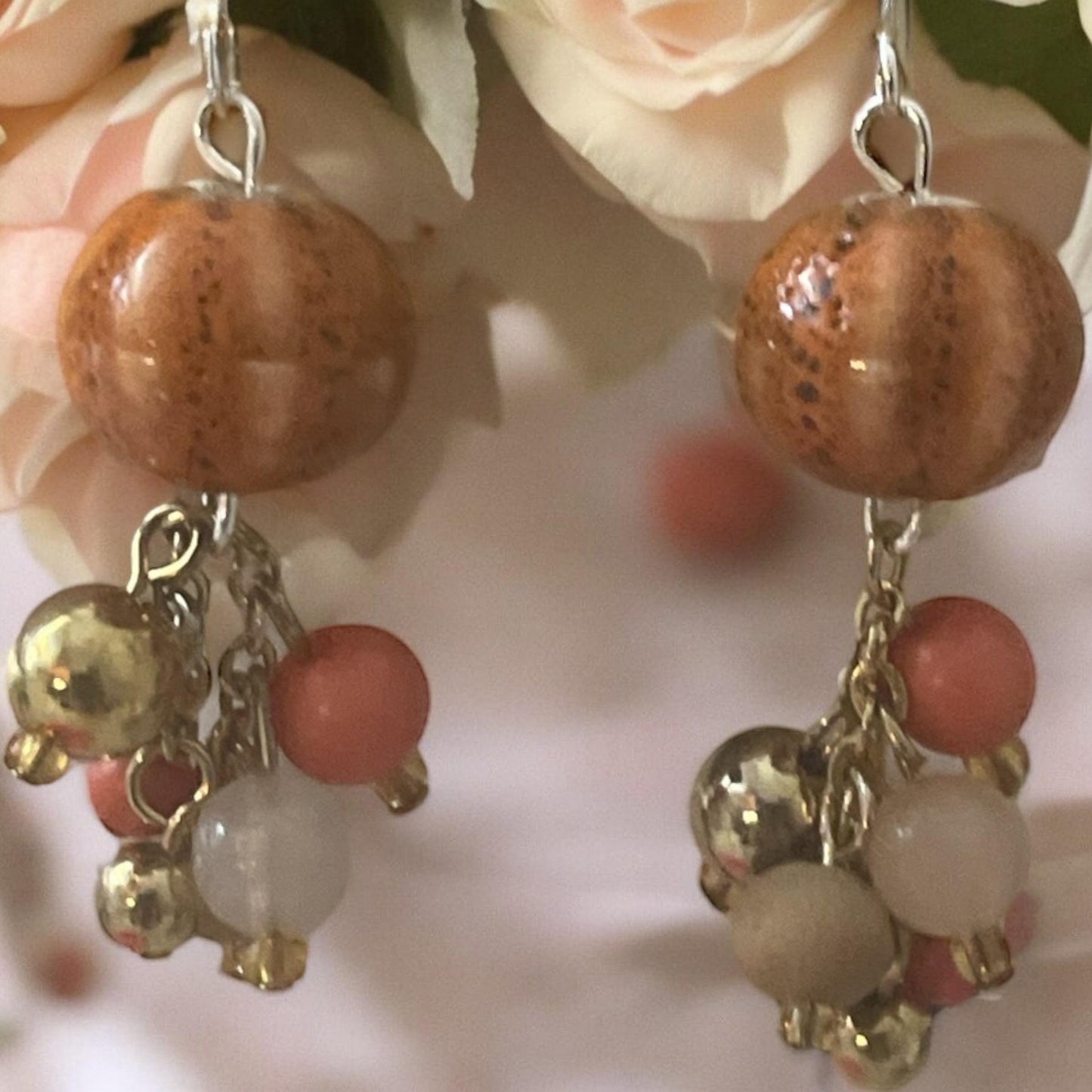 Orange speckled porcelain with mixed color bauble beads handmade dangle earrings