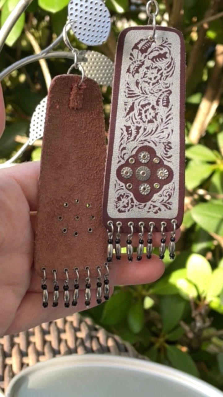 Unique vintage artisan handmade leather dangle earrings