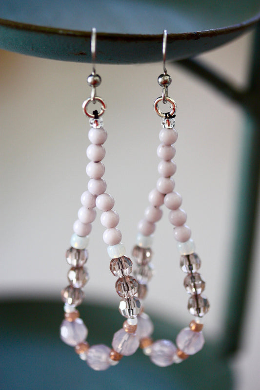 Hand beaded color blocked dangle hoop earrings - vintage and new materials