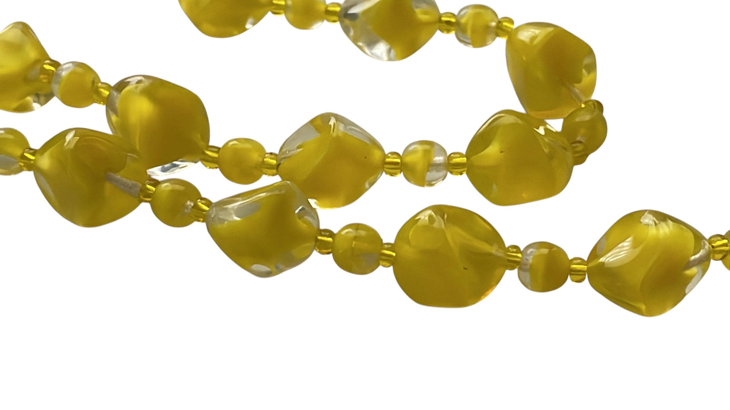 Vintage 1950s Czech Cased Glass Necklace – Bold Yellow & Clear Mid Century Art Glass Statement Beads
