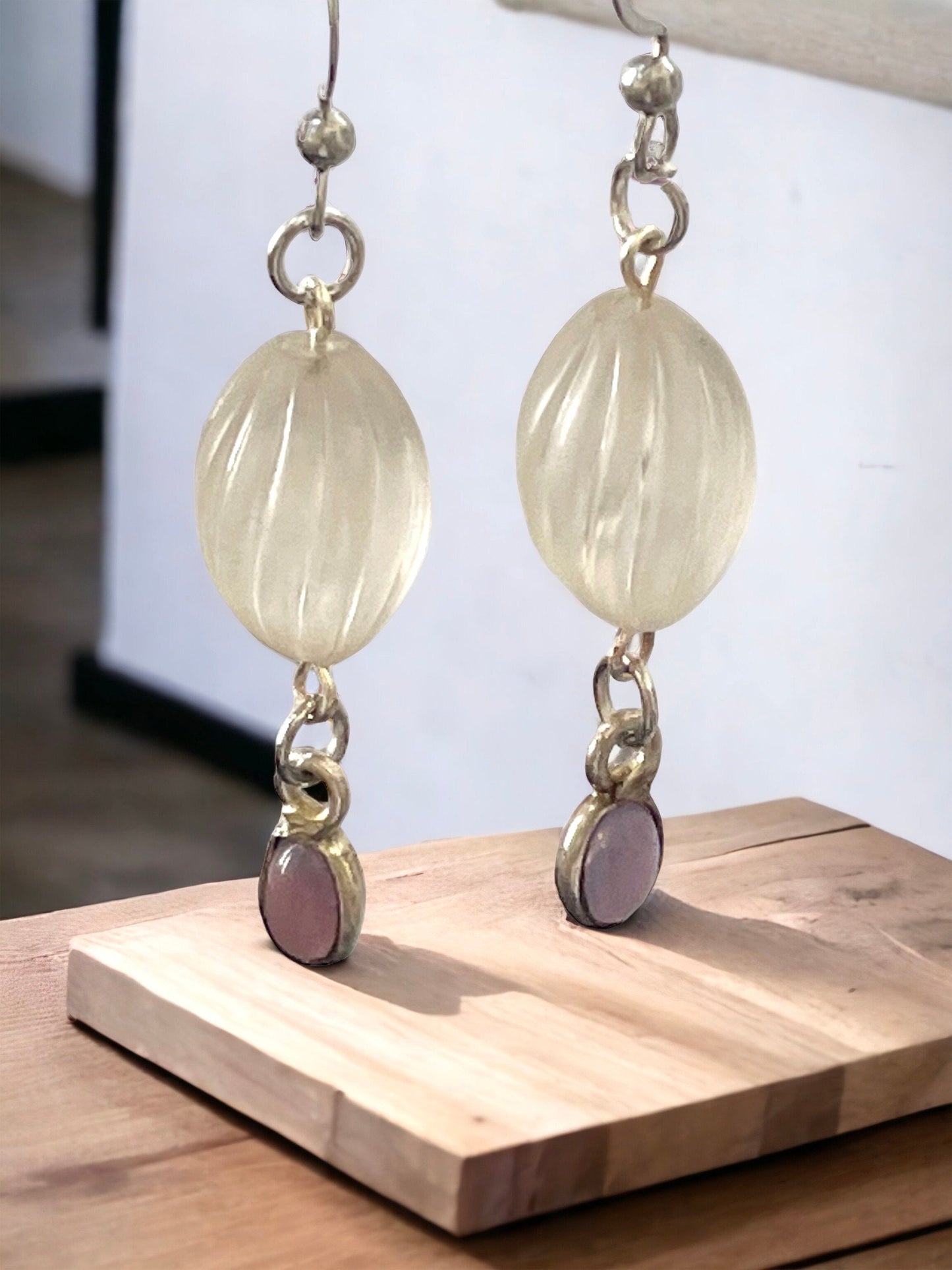 Long dangle earrings made of both new and vintage components - swirled frosted white with lavender dangles