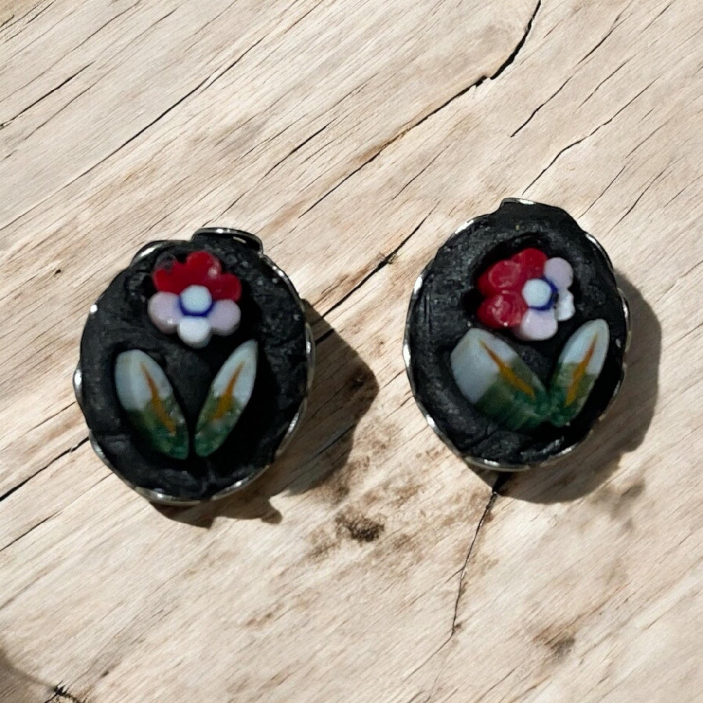 Italian Micro Mosaic Stud Earrings, Glass Flower Design (Sterling Silver)