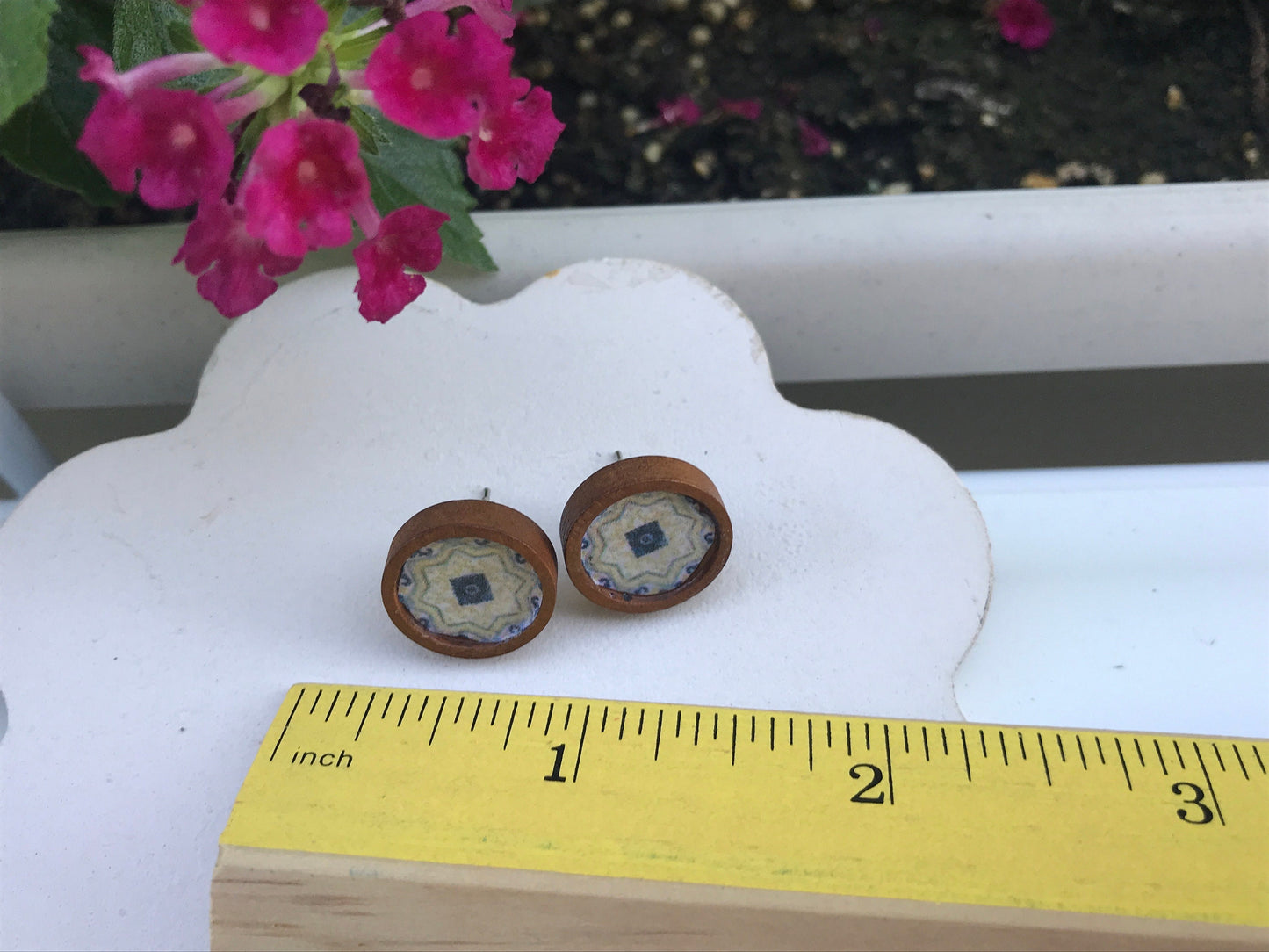 One pair of wooden stud earrings with faux tile inspired by Morocco, Italy and Portugal - 12mm round