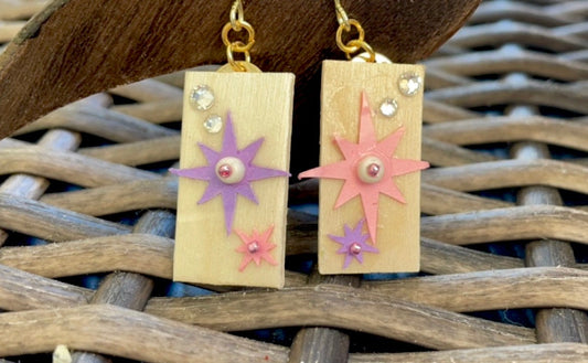 Mixed material collage handmade dangle earrings - wood, paper, rhinestones and more