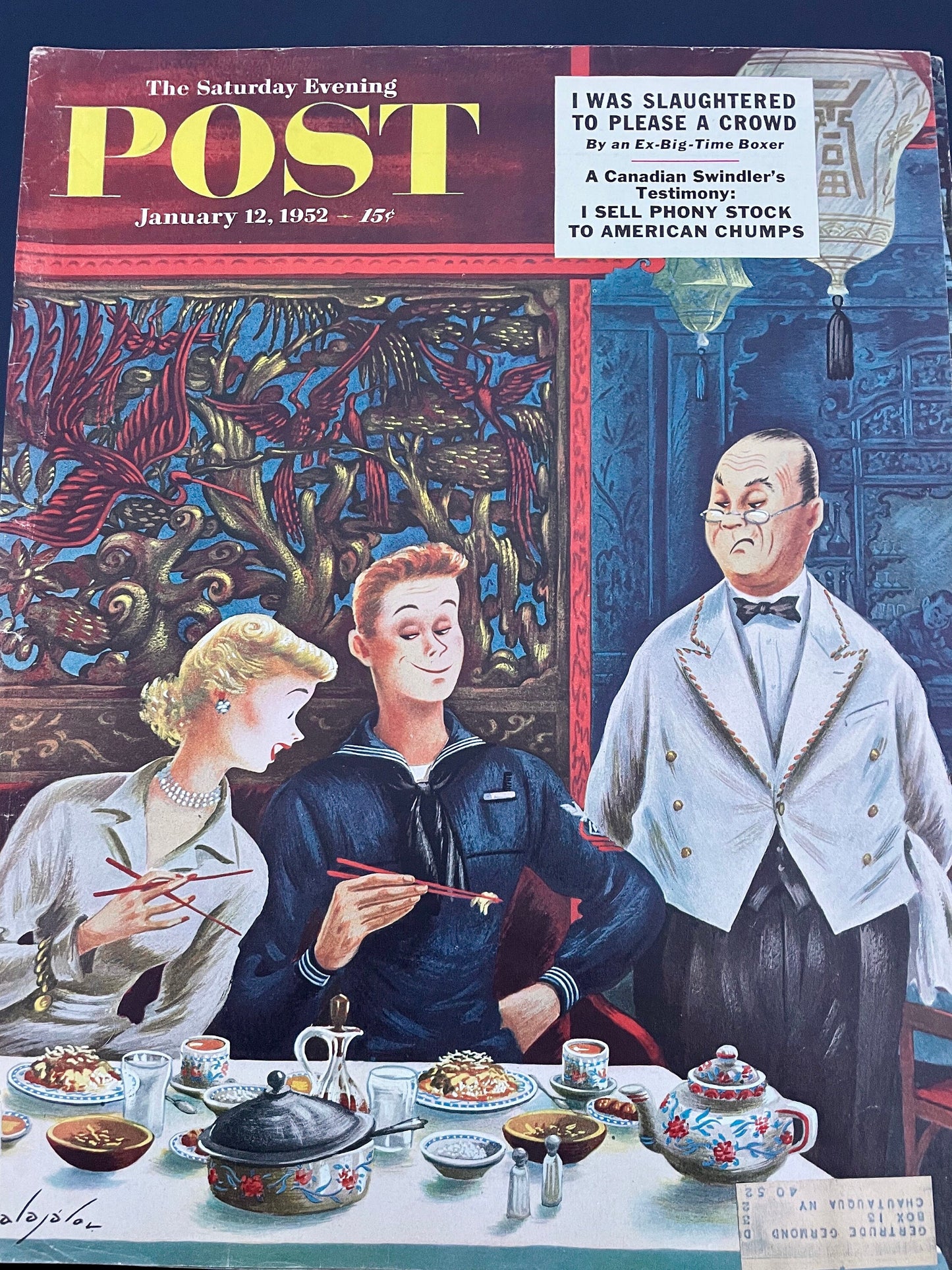 Saturday Evening Post - Original Cover - January 12, 1952 - Chinese restaurant, chopsticks