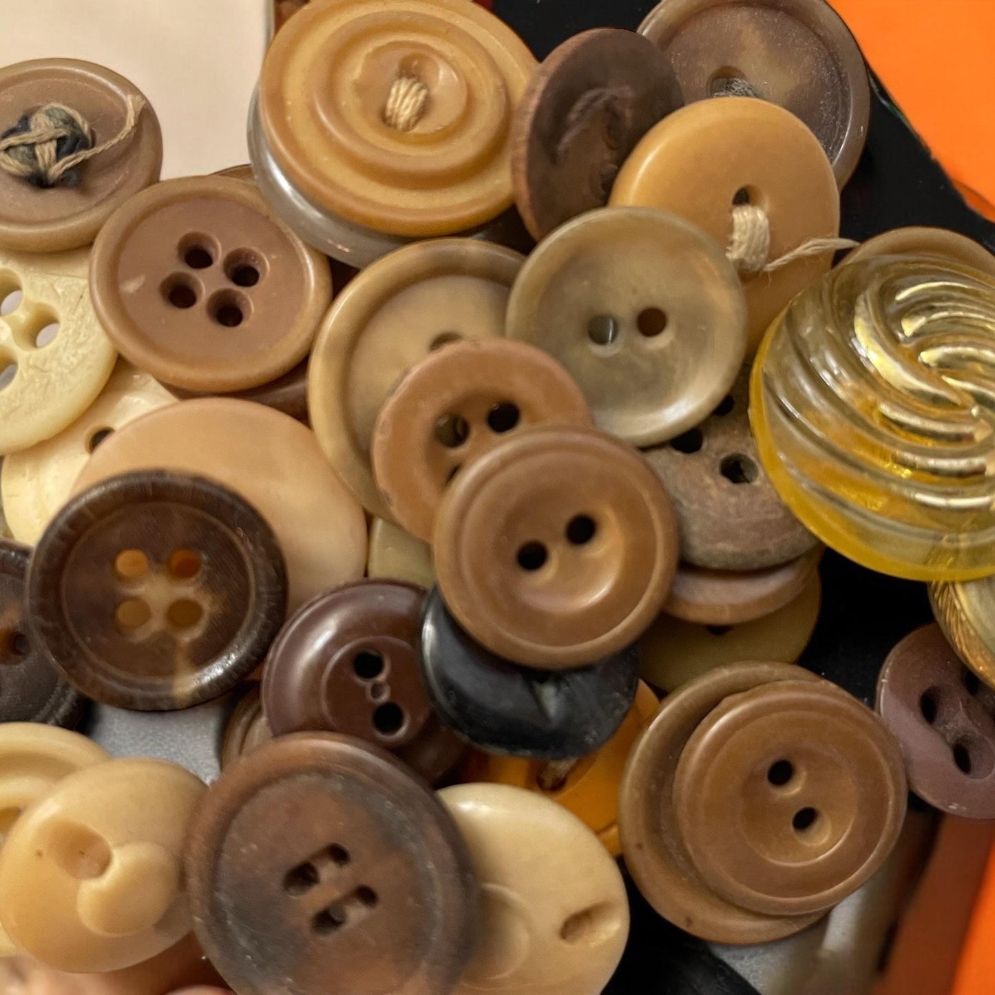 Buttons by the ounce - mystery lot of gold, brown, tan and cream vintage buttons - mixed sizes and materials - as found