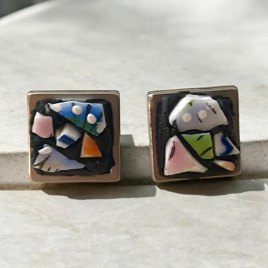 Abstract Mosaic Tile Earrings, Square Studs (Handmade Vintage Glass)