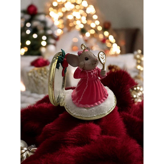 Vintage 1989 Enesco “I Feel Pretty” Mouse Ornament – Pink Dress Mirror Mouse – Collectible Christmas Figurine