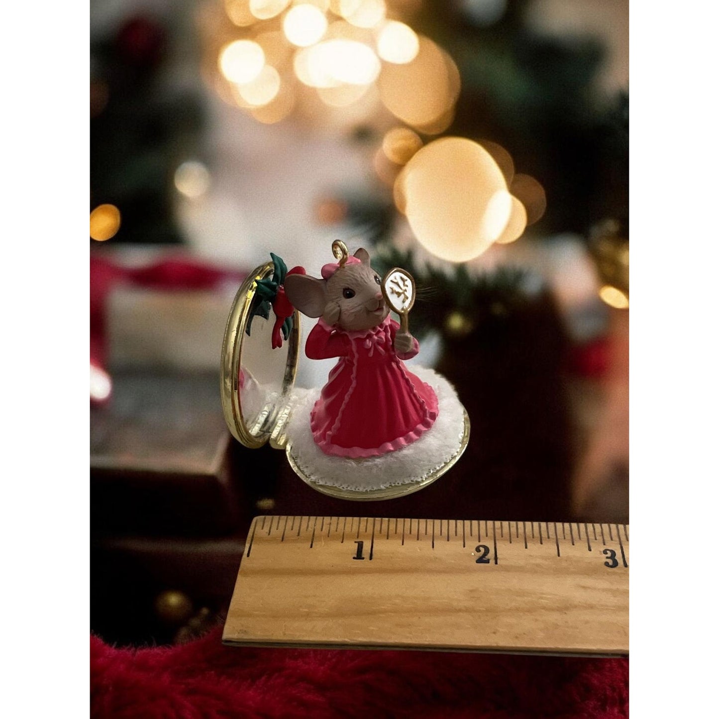 Vintage 1989 Enesco “I Feel Pretty” Mouse Ornament – Pink Dress Mirror Mouse – Collectible Christmas Figurine