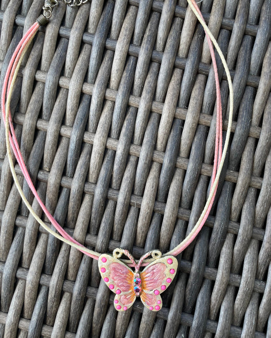 Unique butterfly necklace - pink and cream with pink studs