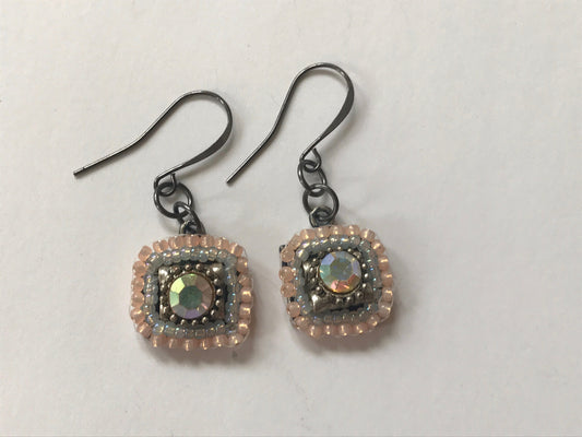 Small dangling handmade crystal and beadwork earrings