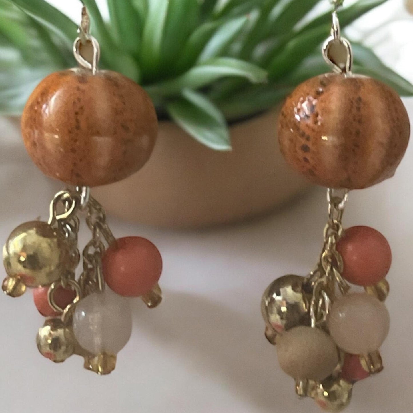 Orange speckled porcelain with mixed color bauble beads handmade dangle earrings