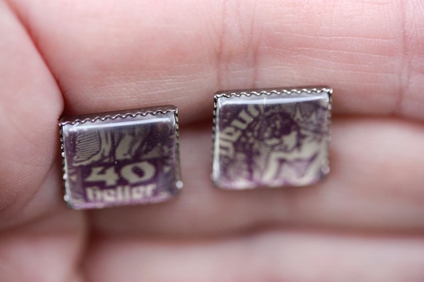 Tiny square stud earrings made from genuine antique postage stamp - 40 Heller Republic of German-Austria postage stamp issued 1919-1920