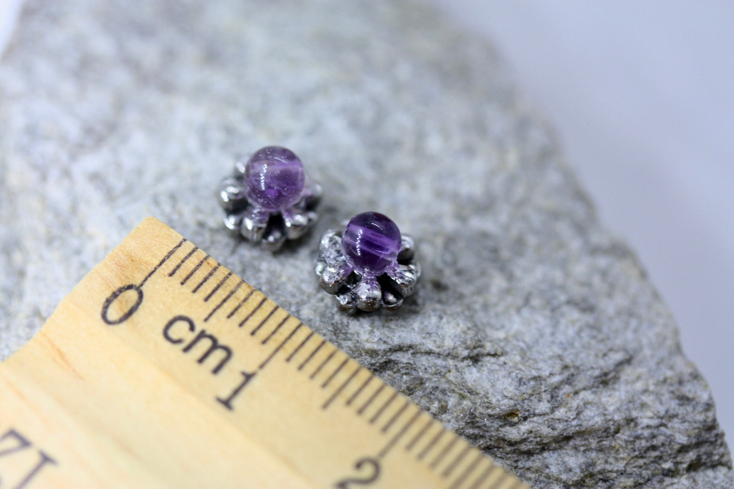 Tiny barely-there purple amethyst in silvertone circle minimalist stud earrings