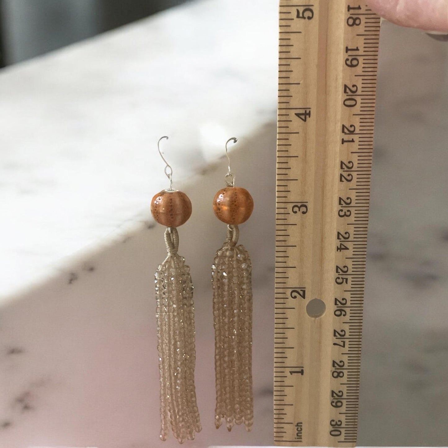 Handmade earrings - Beaded crystal beaded dangle earrings with orange speckled porcelain top